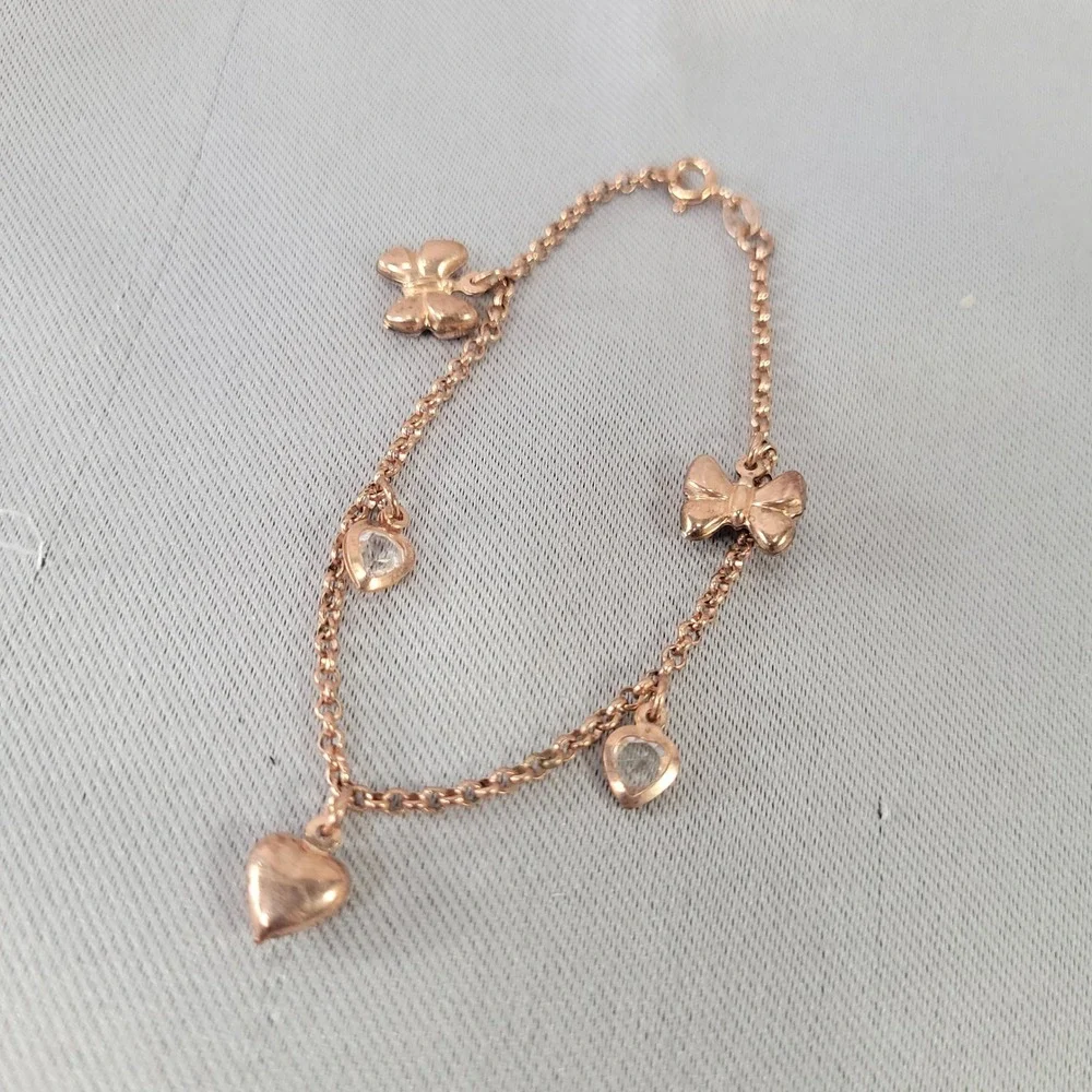 Rose Gold Tone‎ 925 Charm Bracelet Sterling Silver Heart Butterfly 7
